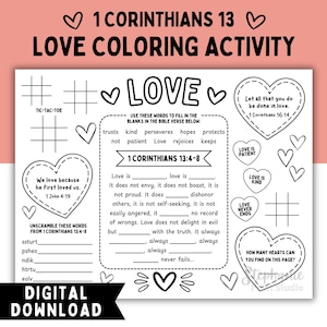 Liebe Färbung Aktivität Seite Druckbar | DIGITALER SOFORT-DOWNLOAD | 1 Korinther 13: 4-8 Bibel-Vers-Blatt, lustiges christliches Valentinstags-Tischset