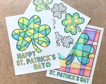 3 Coloring Pages St. Patrick's Day Printable | St. Patty's Day Shamrock Adult Coloring Page | Fun for Kid's Classroom, Home Activity, Party