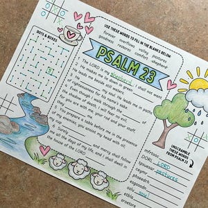 May include: A hand-drawn activity sheet with the text "Psalm 23" features a fill-in-the-blanks exercise, a maze, and unscramble words. Illustrations include a river, sheep, a tree, and a sun with clouds.