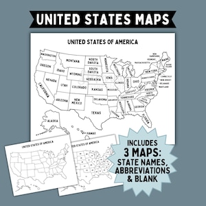 3 cartes des États-Unis à imprimer | Noms d'États, abréviations et carte vierge des États-Unis d'Amérique