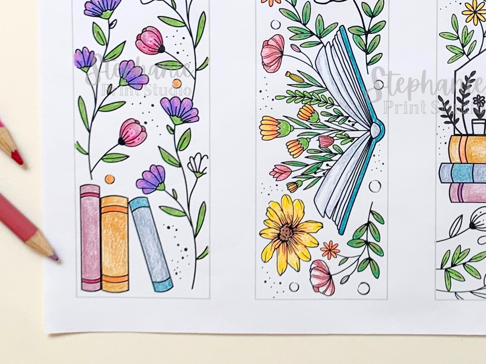 4 Floral Theme Coloring Bookmarks Printable | DIGITAL INSTANT DOWNLOAD ...