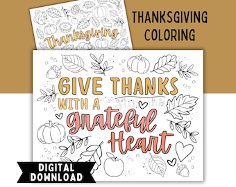 2 Thanksgiving Theme Coloring Pages Printable | DIGITAL INSTANT DOWNLOAD | Give Thanks with a Grateful Heart, Fall Arts & Crafts Activity