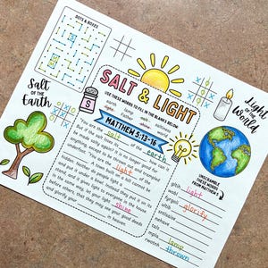 Salt & Light Coloring Activity Page Printable | Matthew 5:13-16 Bible Verse Placemat