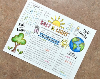 Salt & Light Coloring Activity Page Printable | Matthew 5:13-16 Bible Verse Placemat