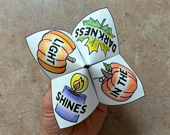 Fall Theme Color-Your-Own Cootie Catcher, Light In The Darkness Paper Craft Game Printable, Christian Halloween Alternative