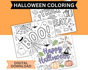 3 Halloween Theme Coloring Pages Printable | DIGITAL INSTANT DOWNLOAD | Happy Halloween, Trick-Or-Treat, Boo! Fall Arts & Crafts Activity