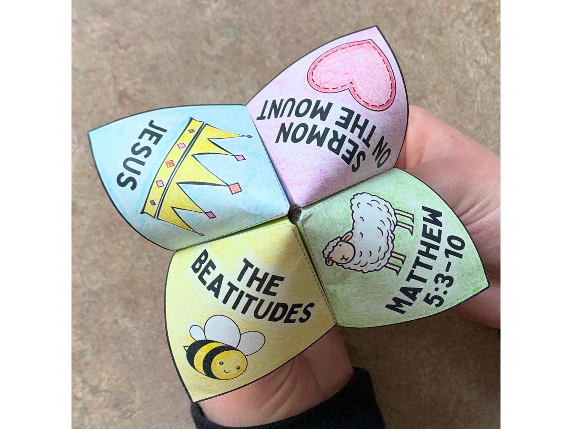 The Beatitudes Color-Your-Own Cootie Catcher, Paper Craft Game Printable, Matthew 5:3-10 Bible Verse Memorization Activity