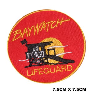 May include: A red and yellow embroidered patch with the words "BAYWATCH LIFEGUARD" and a black and white illustration of a lifeguard stand.