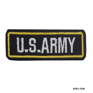 May include: Black embroidered patch with a yellow border and the text "U.S. ARMY" in white thread. The patch measures 9 inches by 3 inches.