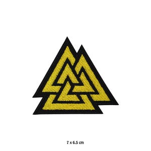 May include: Yellow embroidered patch with a black outline of three interlocking triangles. The patch is 7 cm by 6.5 cm.