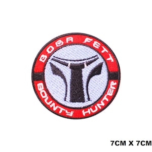 May include: Red and white embroidered patch with the text "BOBA FETT BOUNTY HUNTER" and a black and white illustration of a helmet.