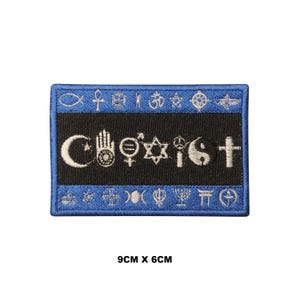 May include: A rectangular patch with a blue border and a black center. The patch features various religious symbols and the word "COEXIST" in white. The patch measures 3.5 inches by 2.4 inches.