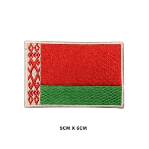 May include: Embroidered patch of the Belarusian flag. The flag is red and green with a white border and a traditional Belarusian pattern in the top left corner. The patch measures 9 cm by 6 cm.