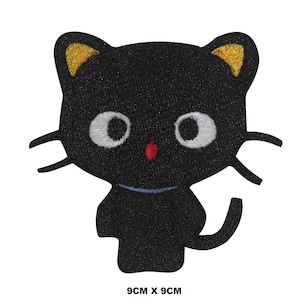May include: Black embroidered iron-on patch of a cartoon cat with yellow ears, white eyes, and a red nose. The cat is wearing a blue collar. The patch is 9 inches by 9 inches.