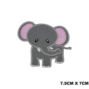May include: An iron-on patch featuring a cartoon elephant with pink ears. The elephant is grey and has a small trunk and big eyes. The patch measures 7.5cm by 7cm.