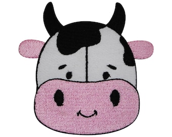May include: Embroidered patch of a cartoon cow's face. The cow has a white face with black spots, black horns, and pink ears and muzzle. The patch measures 7cm x 7cm.