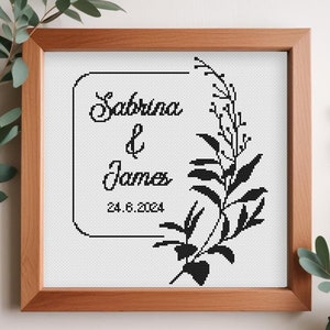 Custom Wedding Cross Stitch Pattern - Personalized Name and Date with Elegant Botanical Design - Digital Download PDF - DIY Anniversary Gift