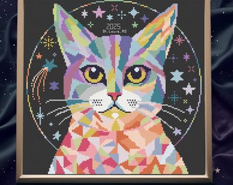 High Temperature Space Cat Cross Stitch Pattern PDF – Yearly Weather Record Chart | Celestial Cat Embroidery | Geometry Cross Stitch Pattern