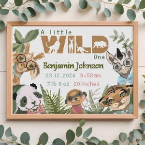 Personalized Forest Animal Cross Stitch Pattern | Birth announcement counted cross stitch | Safari Birth Stats Embroidery | PDF File