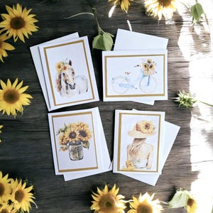 Sunflower writing card set.  Set of 4 handmade cards. Printed watercolour boho rustic sunflower summer beach cards. Christmas gift idea.