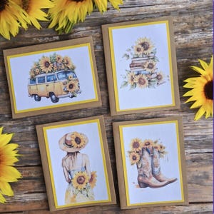Sunflower writing card set.  Set of 4 handmade cards. Printed watercolour boho rustic sunflower summer beach cards. Christmas gift idea.