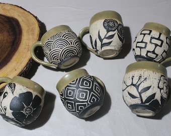 ceramic hand etched engobe boutique mugs