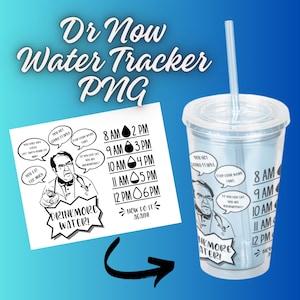 May include: A black and white printable water tracker featuring a cartoon image of Dr. Nowzaradan from the show "My 600-lb Life". The tracker includes a schedule of times to drink water throughout the day, with the text "Drink More Water!" and "Now Do It Again!"