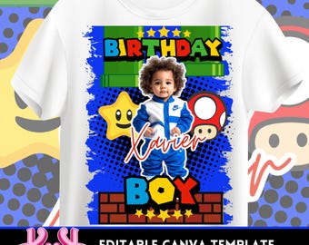 Plantilla de camiseta de cumpleaños de Mario para niño: Diseño editable en Canva (descarga digital)