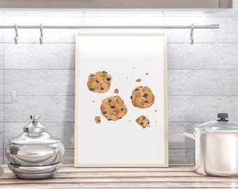Chocolate Chip Cookies in Watercolor Kitchen Art Painting