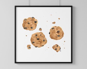 Chocolate Chip Cookies in Watercolor Kitchen Art Painting