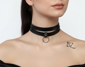 Handmade Leather O Ring Choker: Adjustable Metal Ring Collar