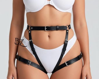 Strappy Leather Harness Set for Women – Lingerie Bondage Set with Thigh & Leg Straps, Festival Rave Outfit, Gift for Her, Black Red White