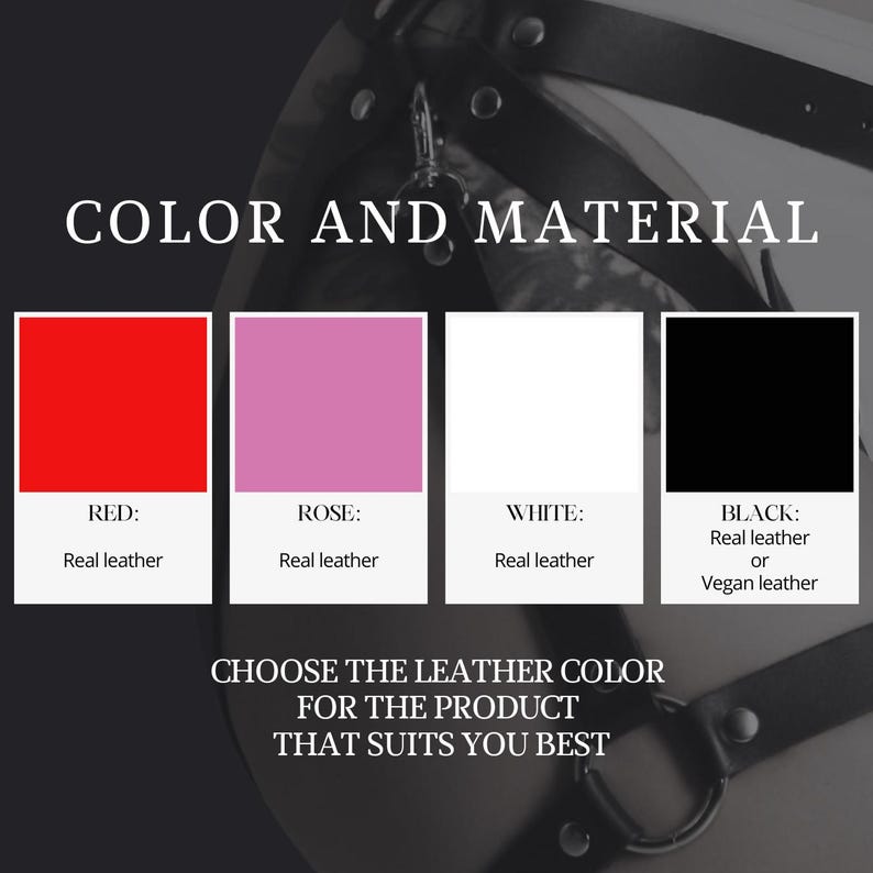 K&ouml;nnte beinhalten: Farb- und Materialoptionen f&uuml;r ein Lederprodukt. Die Farben sind rot, rosa, wei&szlig; und schwarz. Der Text lautet "Echtleder" oder "Echtleder oder Kunstleder".