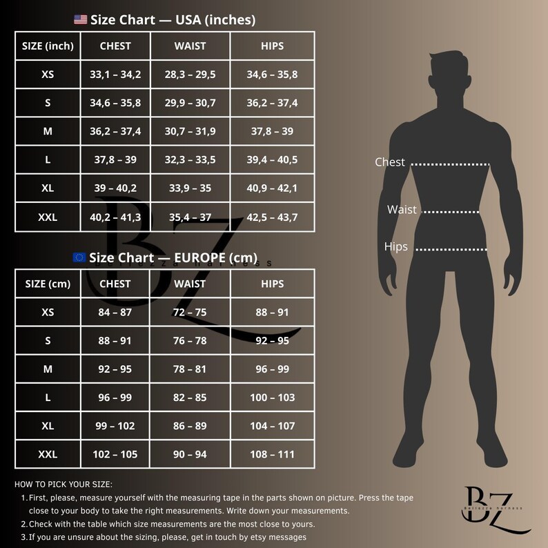 K&ouml;nnte beinhalten: Gr&ouml;&szlig;entabelle f&uuml;r Kleidung in Zoll und Zentimetern. Die Tabelle zeigt die Ma&szlig;e f&uuml;r Brust, Taille und H&uuml;fte in US-amerikanischen und europ&auml;ischen Gr&ouml;&szlig;en. Die Tabelle umfasst die Gr&ouml;&szlig;en XS, S, M, L, XL und XXL.