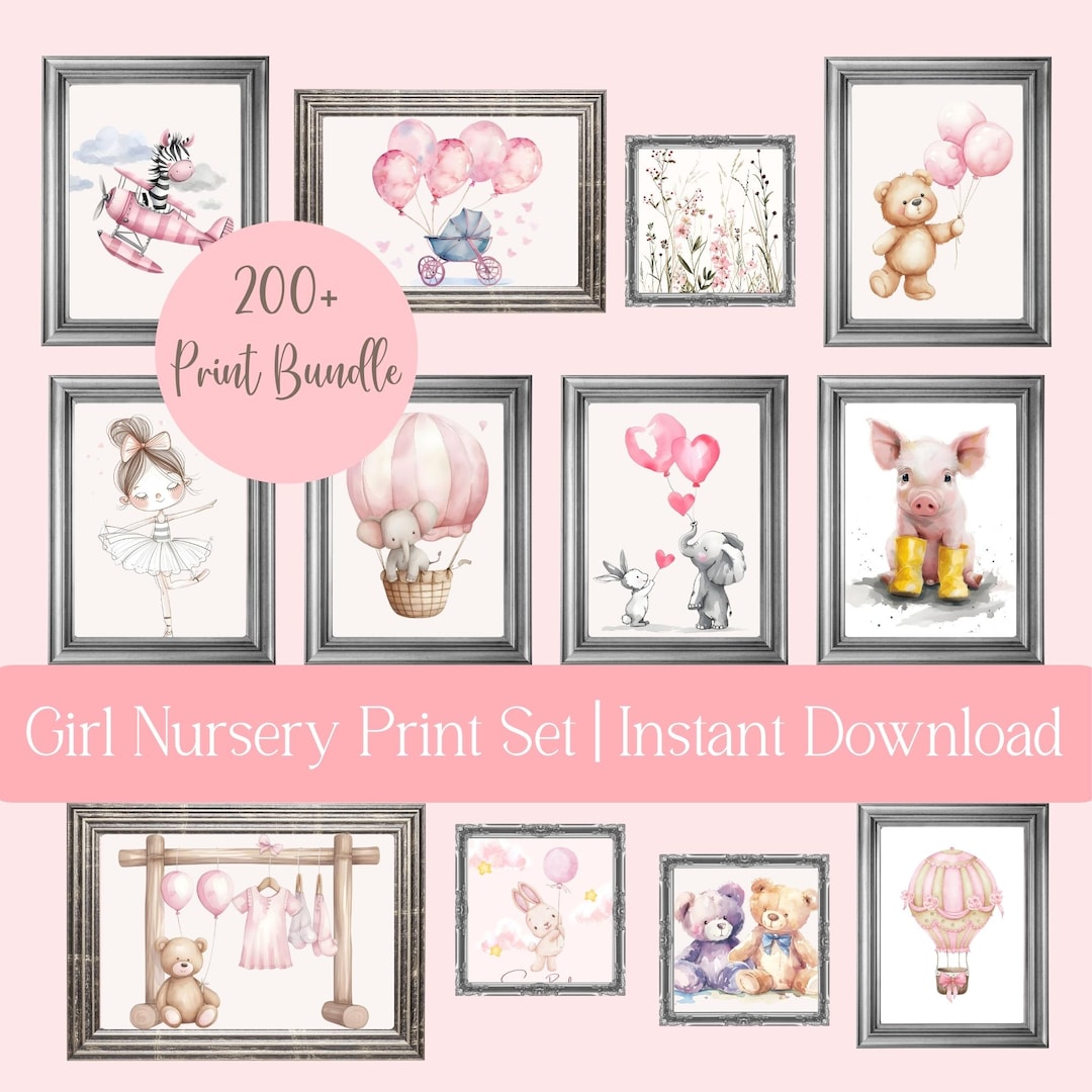 Pink Girl Nursery Wall Art Set, 200+ Baby Girl Prints, Watercolor ...