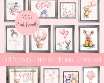 Pink Girl Nursery Wall Art Set, 200+ Baby Girl Prints, Watercolor Animal Nursery Decor, Instant Download
