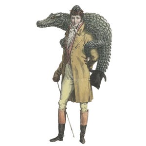 Wunderlicher Vintage Gentleman mit Krokodil-Begleiter | Illustrierter Kunstdruck für Tierliebhaber