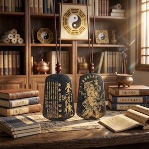 May include: Two black jade pendants with gold inscriptions and illustrations hang in front of a bookshelf. The pendants are suspended by brown cords with wooden beads. Books and scrolls are on the table, including "Tao Te Ching".