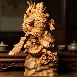 May include: A detailed wooden sculpture of a warrior in a dynamic pose, holding a sword. The figure is intricately carved, featuring ornate armor and a dragon at the base. The sculpture is a warm, natural wood tone.