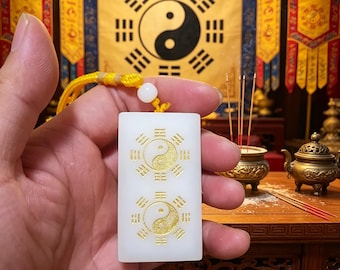 Sello taoísta de jade blanco natural: Bagua, Feng Shui, riqueza, suerte, amuleto de protección.