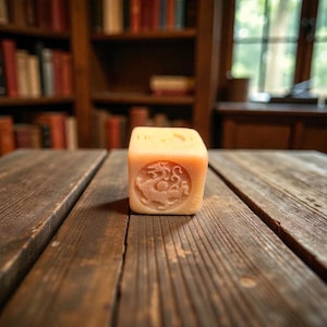 May include: A square, light-colored block with a carved dragon design on one side. The block is sitting on a weathered wooden table. The background includes a bookshelf filled with books and a window.