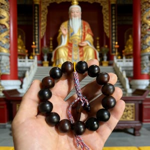 May include: A dark brown wooden bead bracelet with a multi-colored string closure. The beads are round and smooth. The background features a religious statue and temple interior.