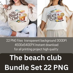 トレンディな夏の PNG バンドル – 22 個の PNG ファイル レトロな「ザ ビーチ クラブ」シャツ デザイン | ビーチの雰囲気、美しいバケーション グラフィック | すぐにダウンロード