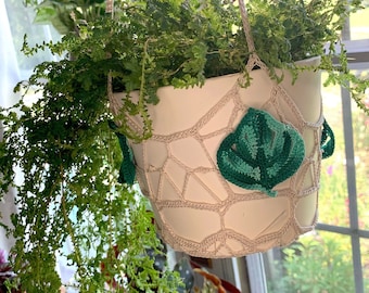 Crochet Plant Hanger Swiss Cheese Monstera Leaves Planter for Indoor Plants plant lover gift