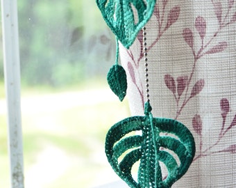 Crochet light pull handmade fan pull variegated monstera leaf green cord pull gift for houseplant lovers single or set of 2