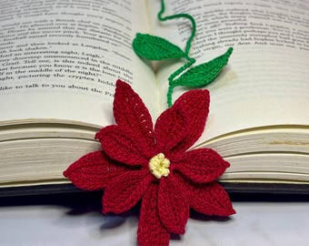 Handmade bookmark, crochet red poinsettia,  handcrafted holiday gift, flower page marker, bookclub present, plant lovers