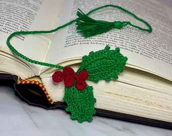 Handmade bookmark, crochet red holly berries,  handcrafted holiday gift, Christmas flower page marker, bookclub present, plant lovers