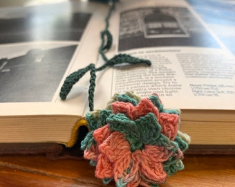 Crocheted Bookmark handmade flower tricolor dahlia pink green and cream Page Marker