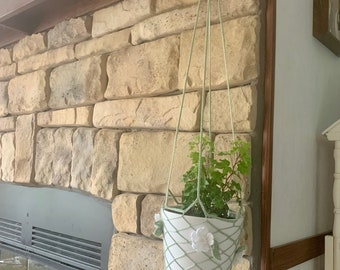 Crochet Plant Hanger White Primrose Flower planter pot indoor plant enthusiasts hanging plant holder