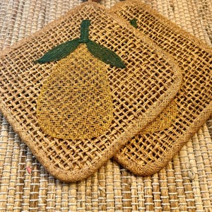 PAIR of Vintage Handmade Woven Pear Potholders or Trivets with Wooden Ring